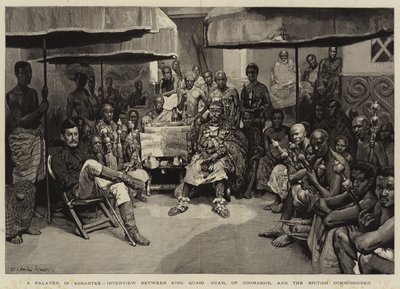Een palaver in Ashantee, interview tussen koning Quaco Duah van Coomassie en de Britse commissaris door William Christian Symons